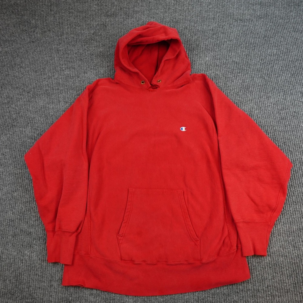 Vintage Champion Reverse Weave Hoodie Mens XL Red Blank Pullover Sweatshirt USA